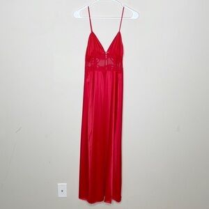 Vintage Vanity Fair Long Nightgown Red Lace Shiny Satin USA Slip Gown